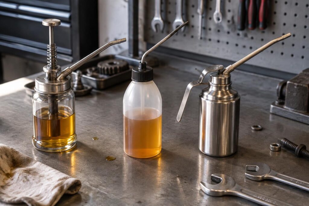 piston, plastique ou inox : découvrez quelle burette à huile choisir selon vos besoins, votre usage et la précision de lubrification recherchée.