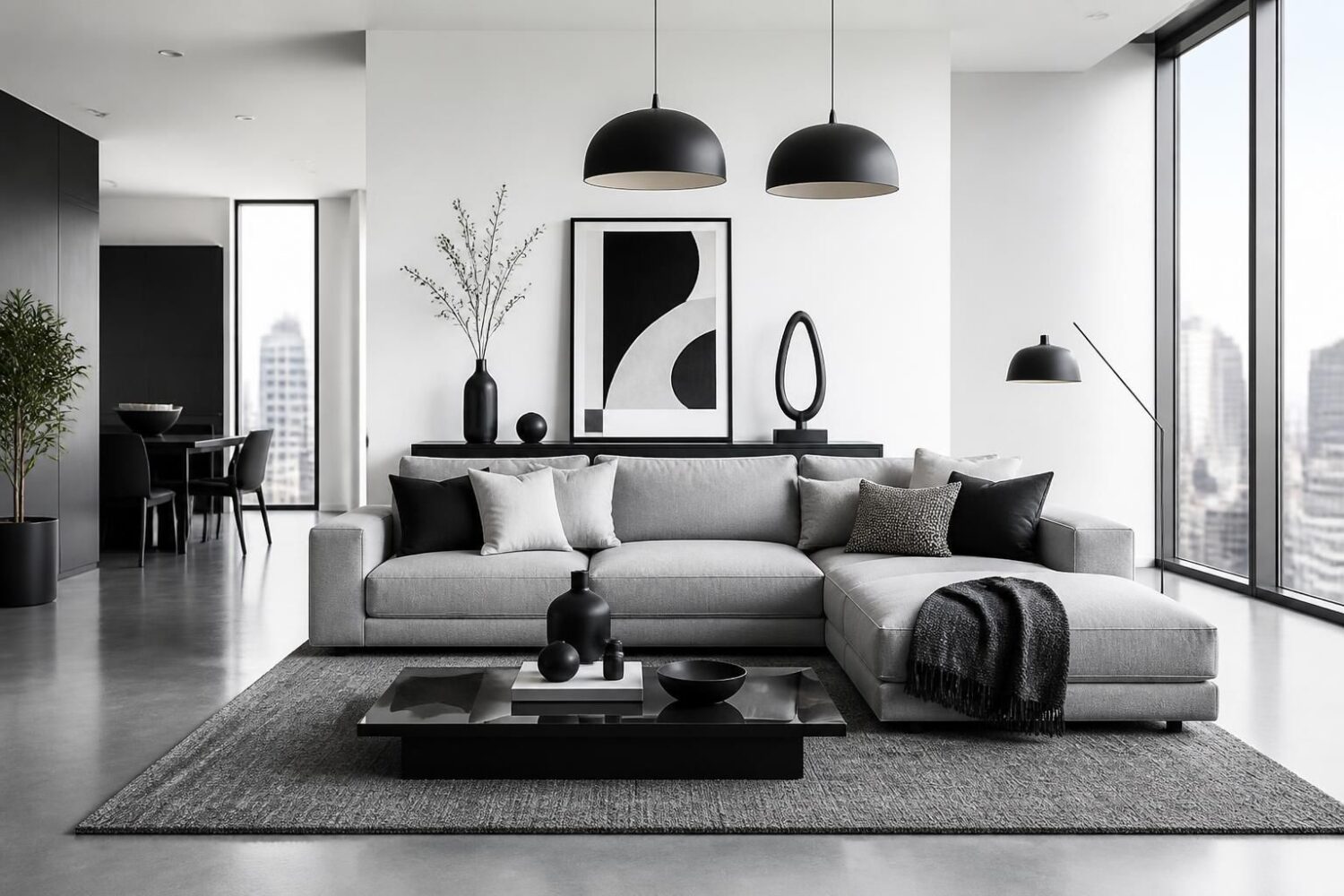 Créer une déco de salon moderne en noir, blanc et gris