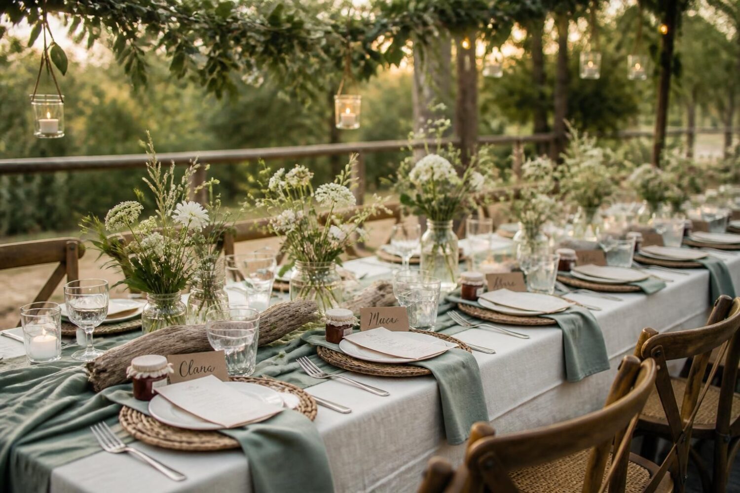 Déco de mariage champêtre chic : table, vert sauge et DIY