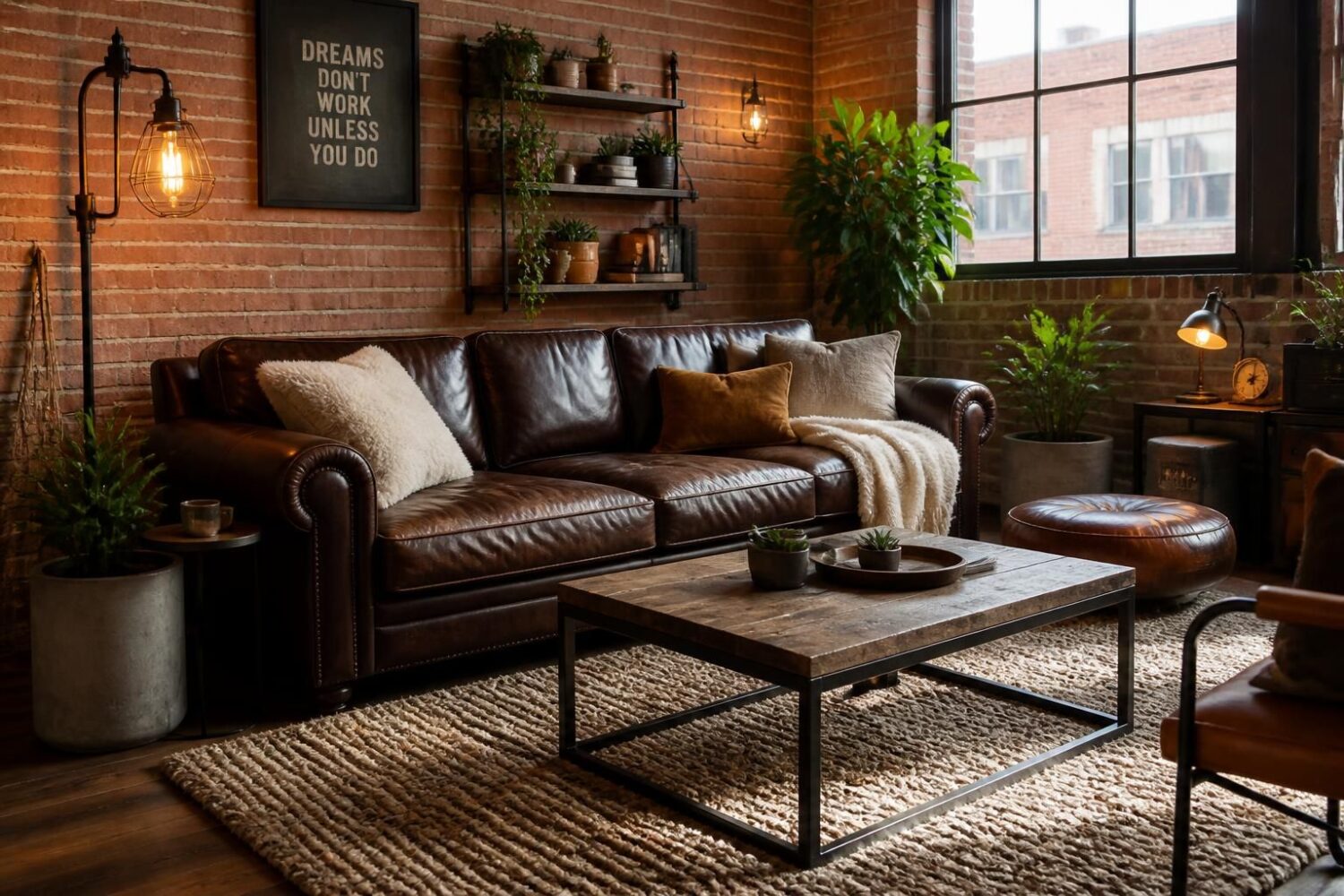 Déco salon industriel cocooning : confort et caractère