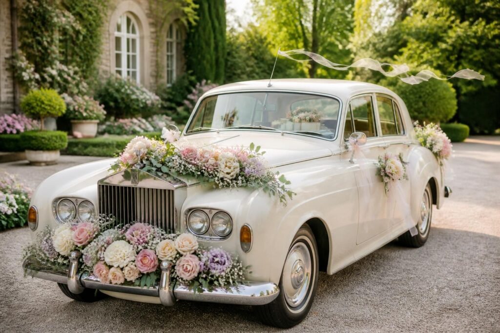 découvrez comment décorer la voiture des mariés avec des fleurs fraîches et des kits spécialement conçus pour un mariage élégant et mémorable.