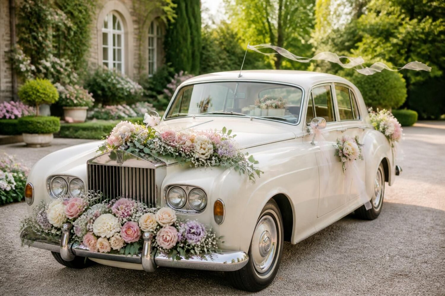 Décorer la voiture des mariés avec des fleurs et des kits